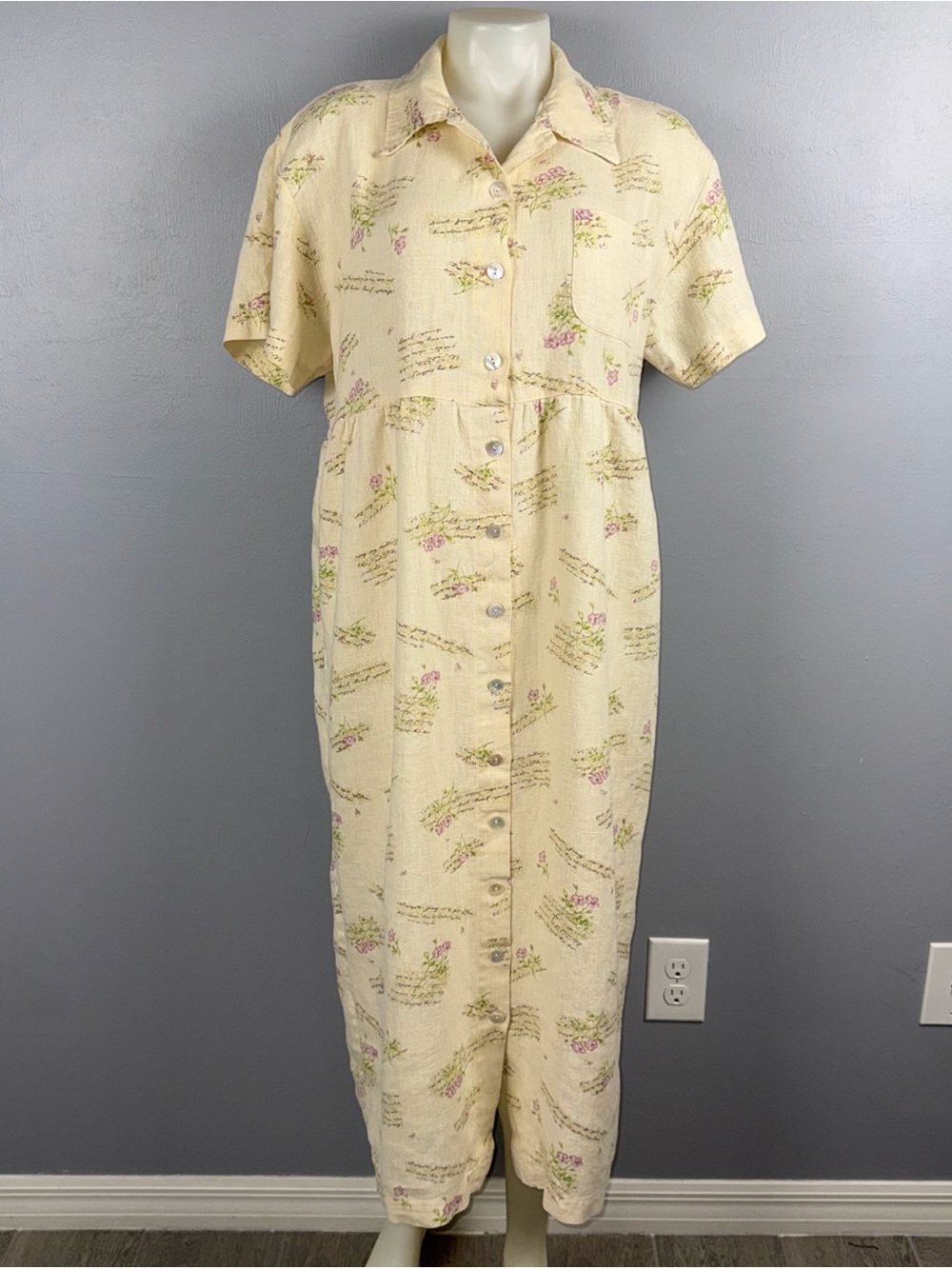 Sweet Jessie Linen Dress Women’s M Buttery Beige Floral Cottagecore Midi *READ